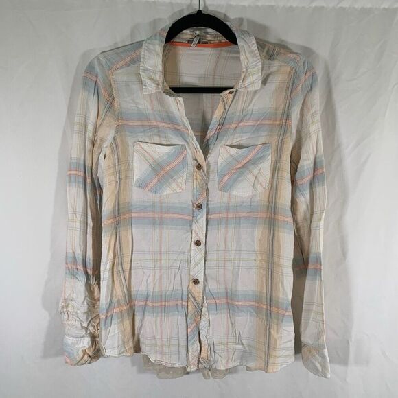 BKE Blouse Women's Small White Pink Button Up Long Sleeve Fitted Partial Sheer - Picture 1 of 9